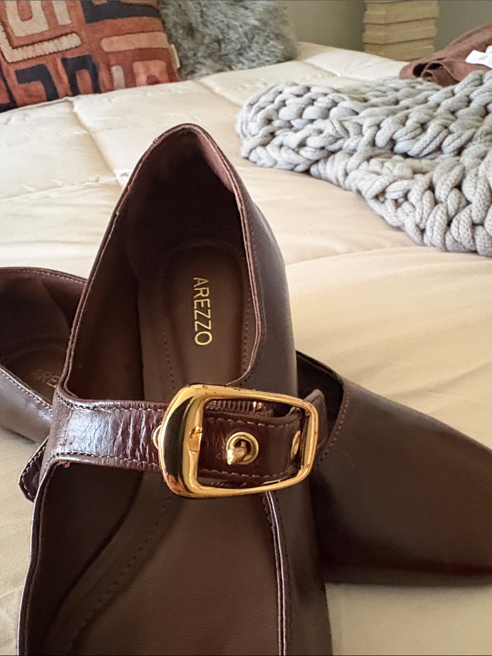 Classic Mary Jane Flats in Dark Brown with Gold Buckle - Picture 5 of 7